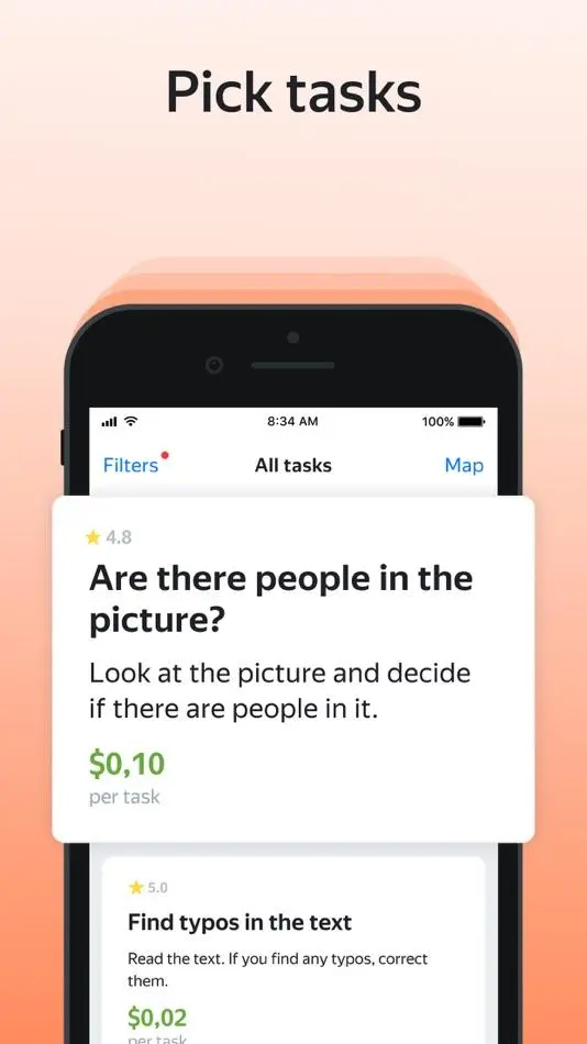Toloka microtask app dashboard and available tasks