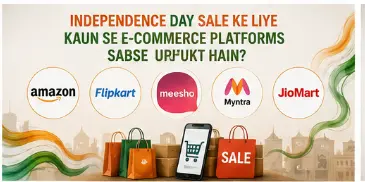 ऑनलाइन मार्केटप्लेस पर Independence Day सेल और ई-कॉमर्स प्लेटफॉर्म का इन्फोग्राफिक।