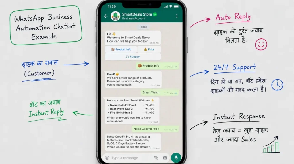 WhatsApp Business automation chatbot example with auto reply and 24/7 customer support